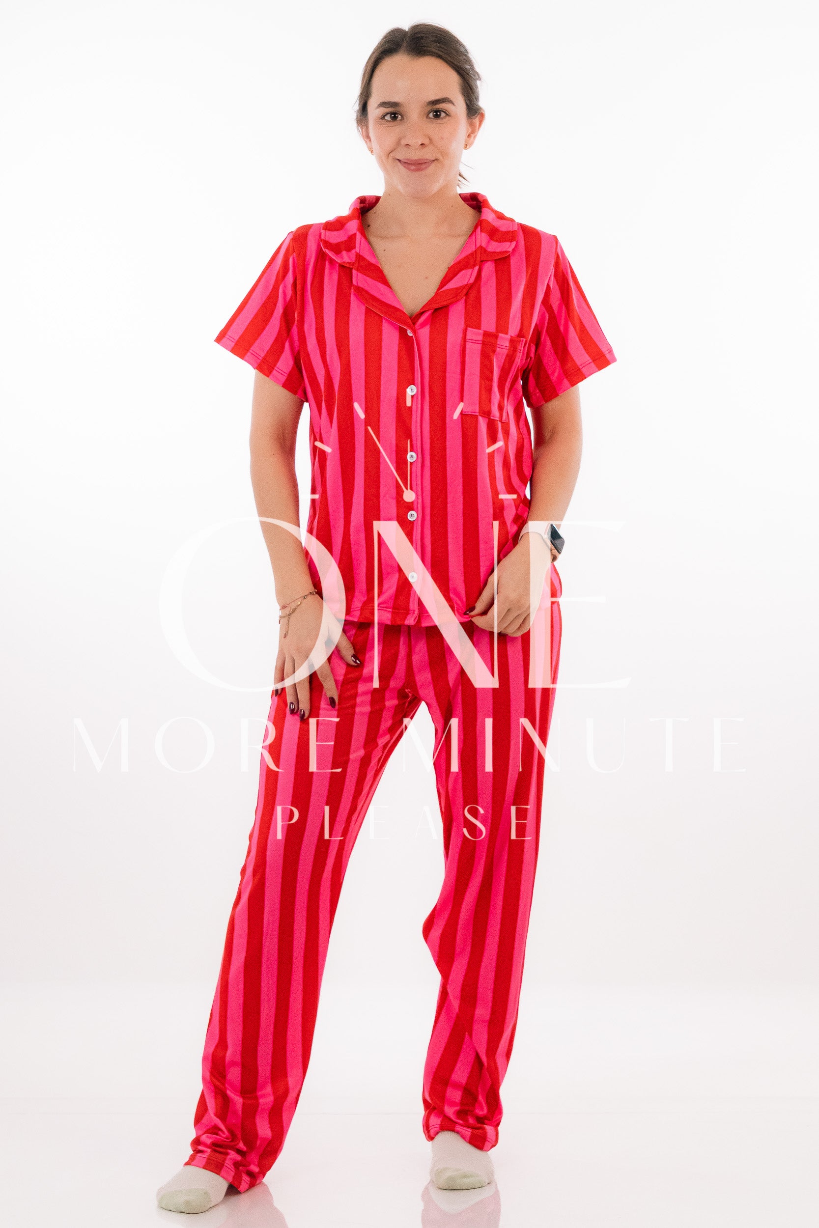 Pijama Dama - Pantalón / Manga corta botón - Rayas rojo con rosa