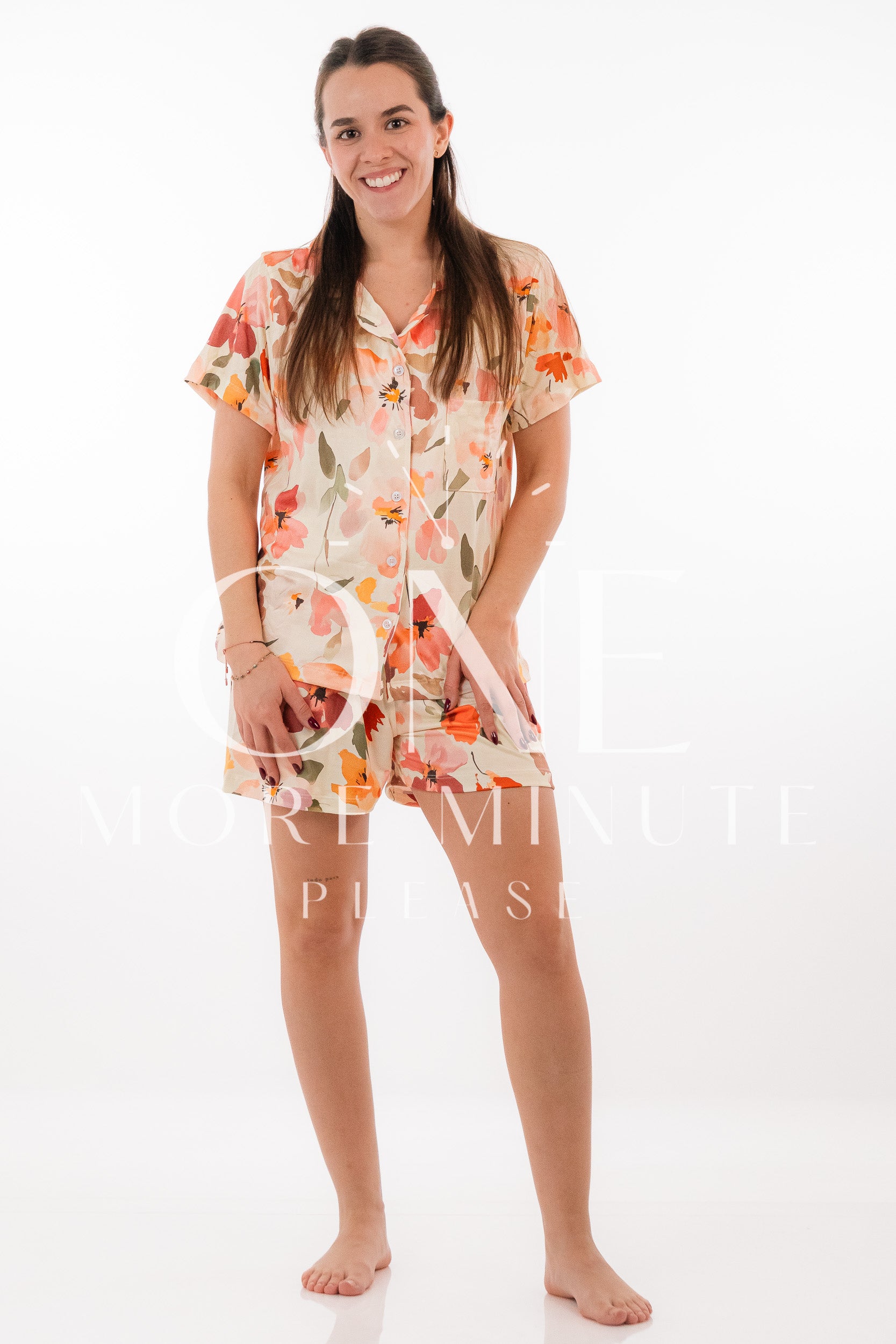 Pijama Dama - Short / Manga corta botón - Floral naranja
