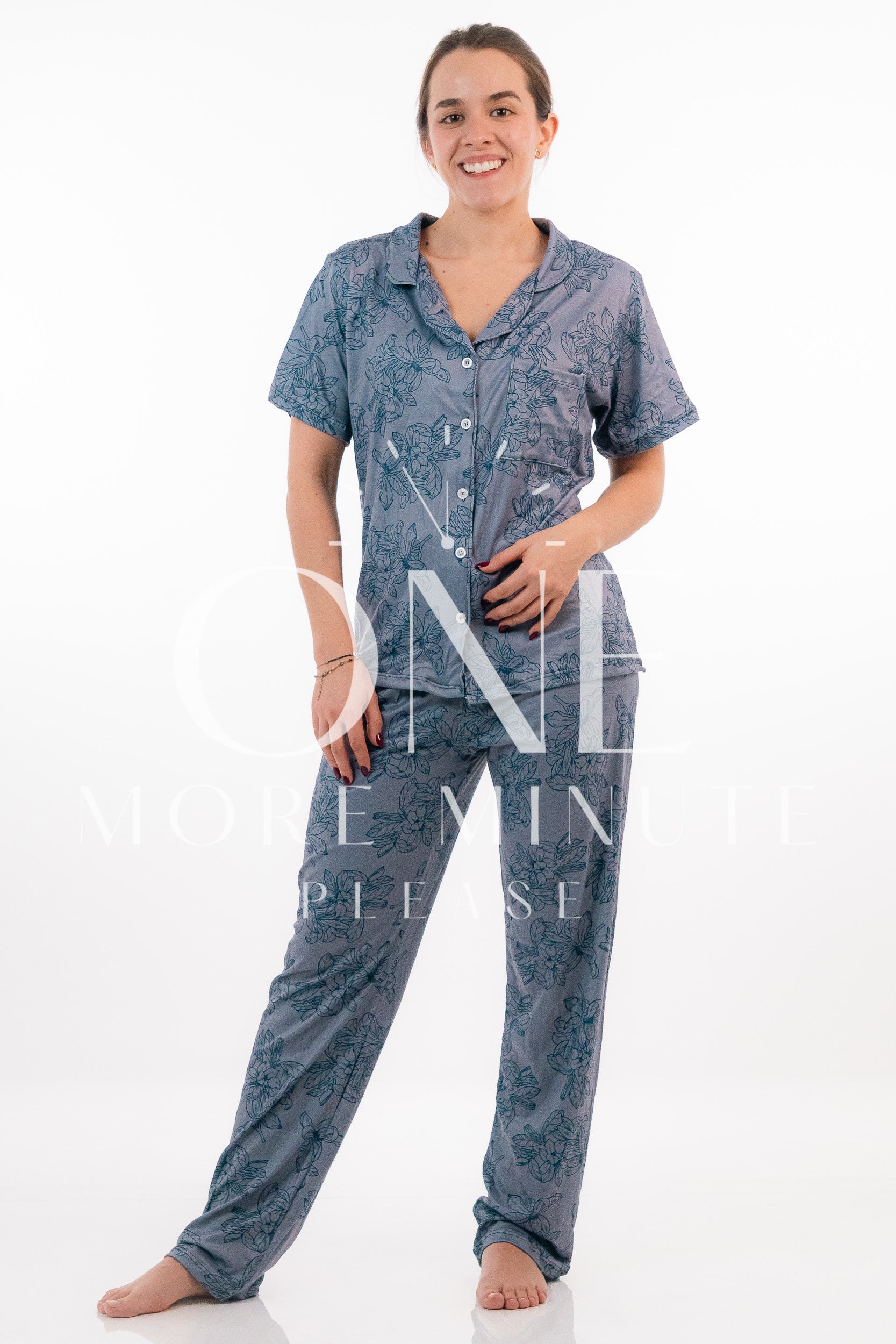 Pijama Dama - Pantalón / Manga corta botón - Floral azul y blanco