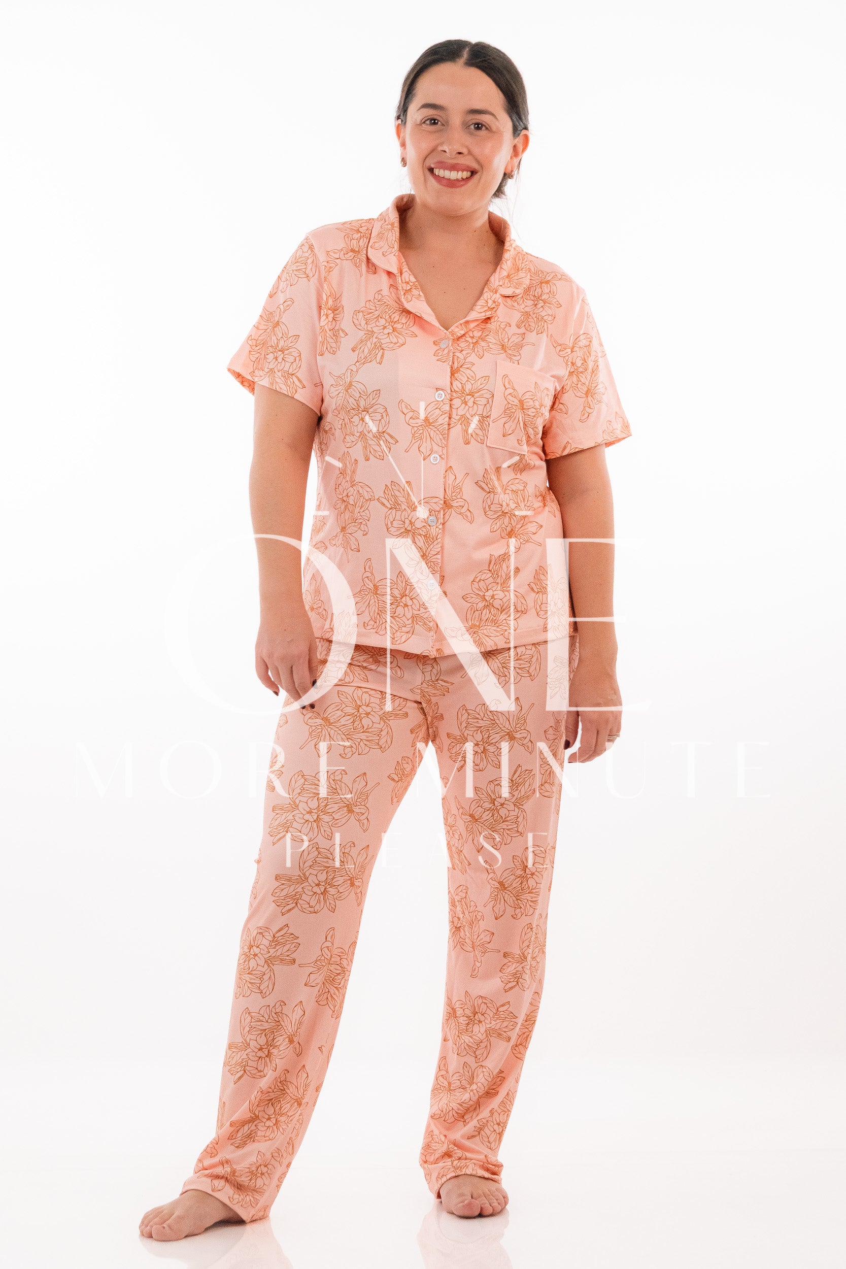 Pijama Dama - Pantalón / Manga corta botón - Hojitas terracota