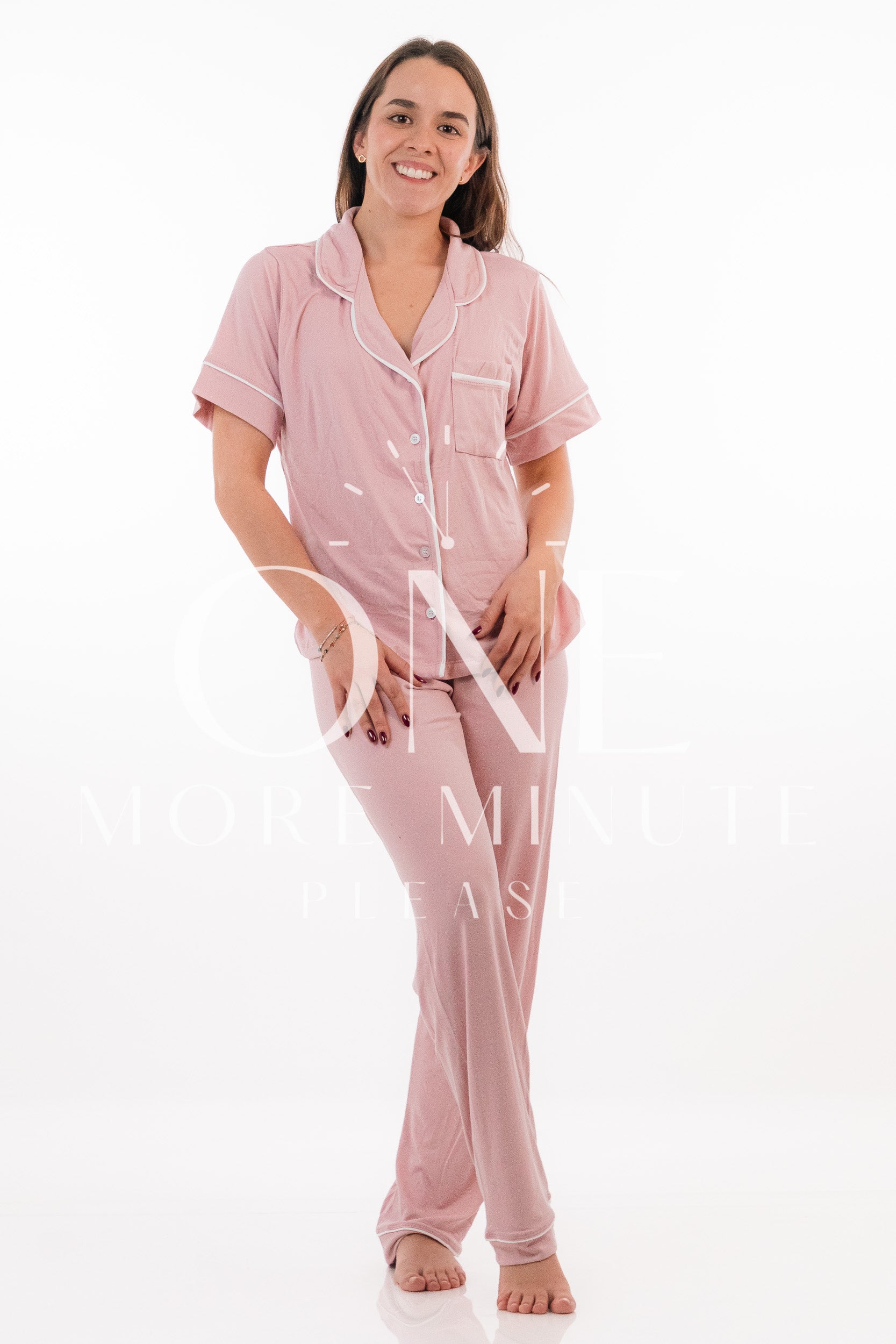 Pijama Dama - Pantalón / Manga corta botón - Rosa palo liso