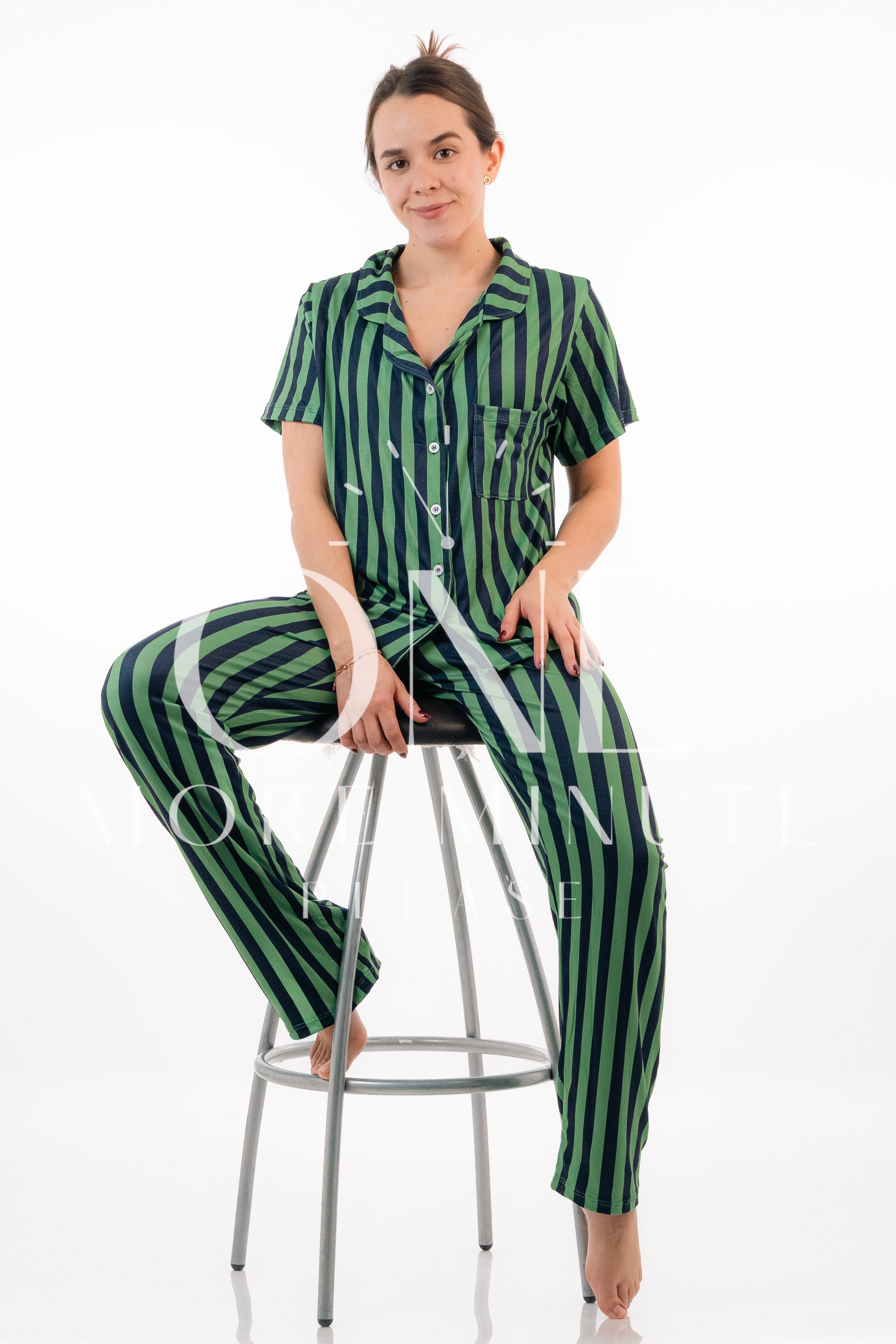 Pijama Dama - Pantalón / Manga corta botón - Rayas verdes azul