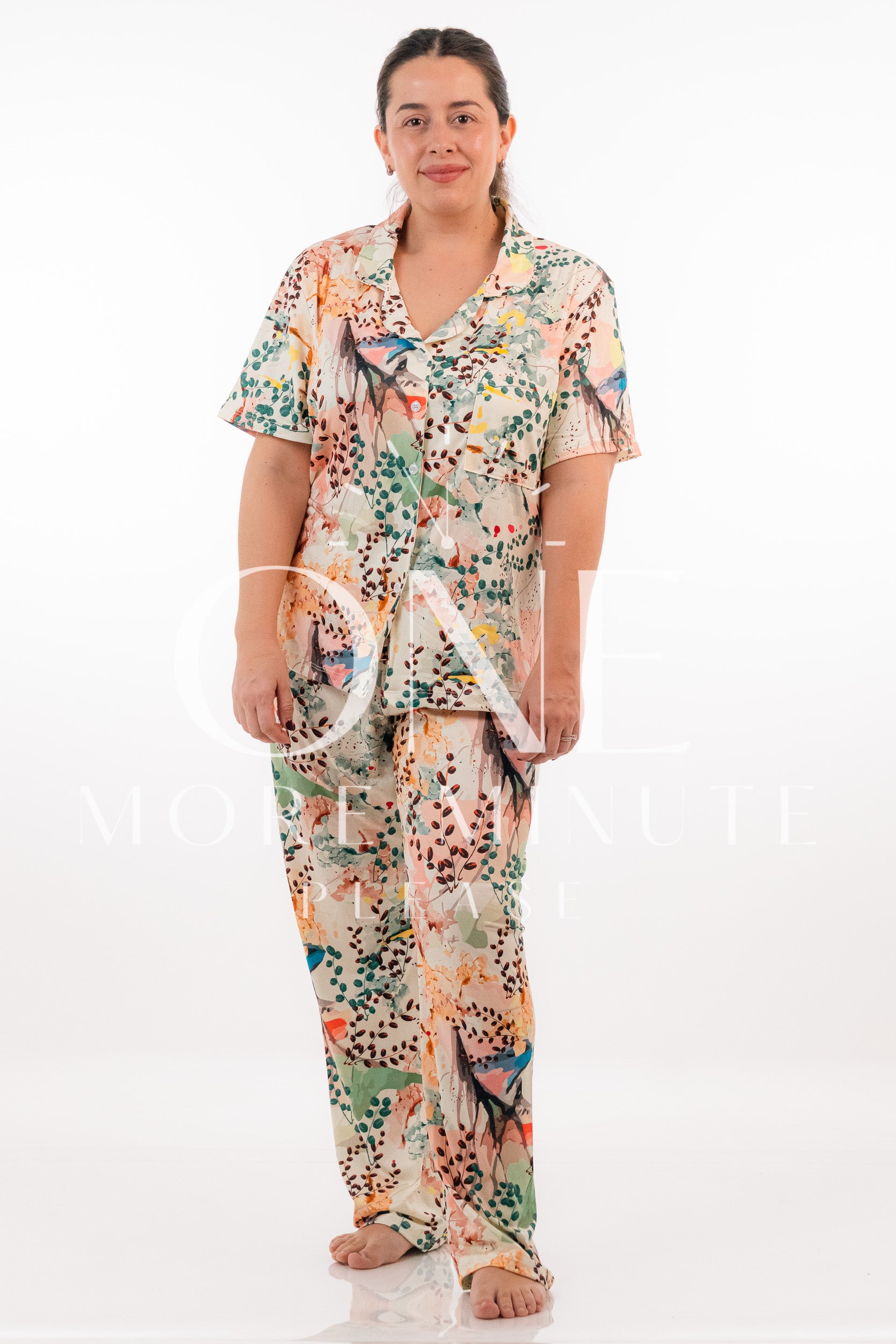 Pijama Dama - Pantalón / Manga corta botón - Hojitas Terracota.