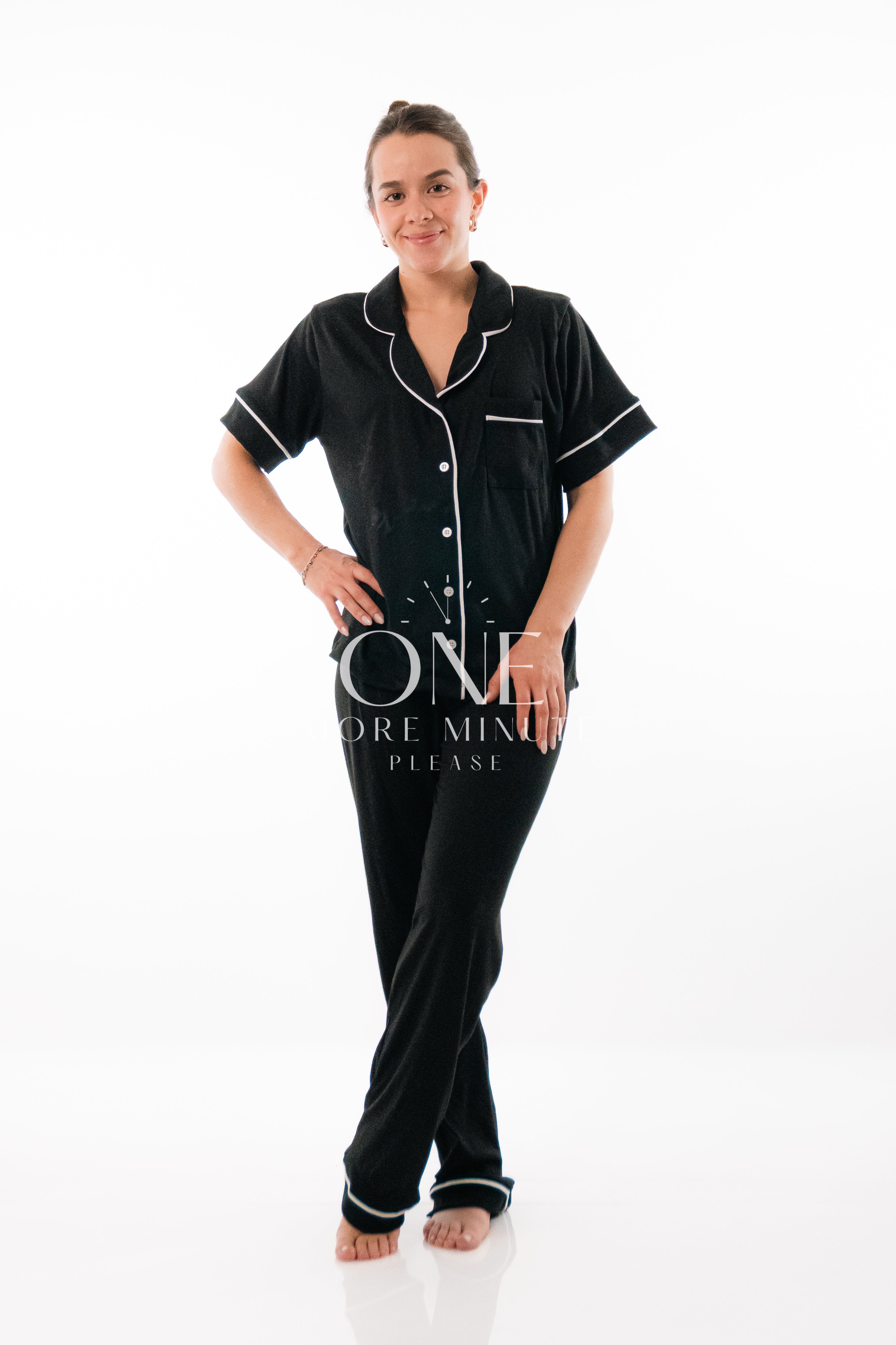 Pijama Dama - Pantalón / Manga corta botón - Negro Liso.