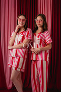 Pijama Dama - Pantalón / Manga corta botón - Raya Rojo, Rosa y Blanco